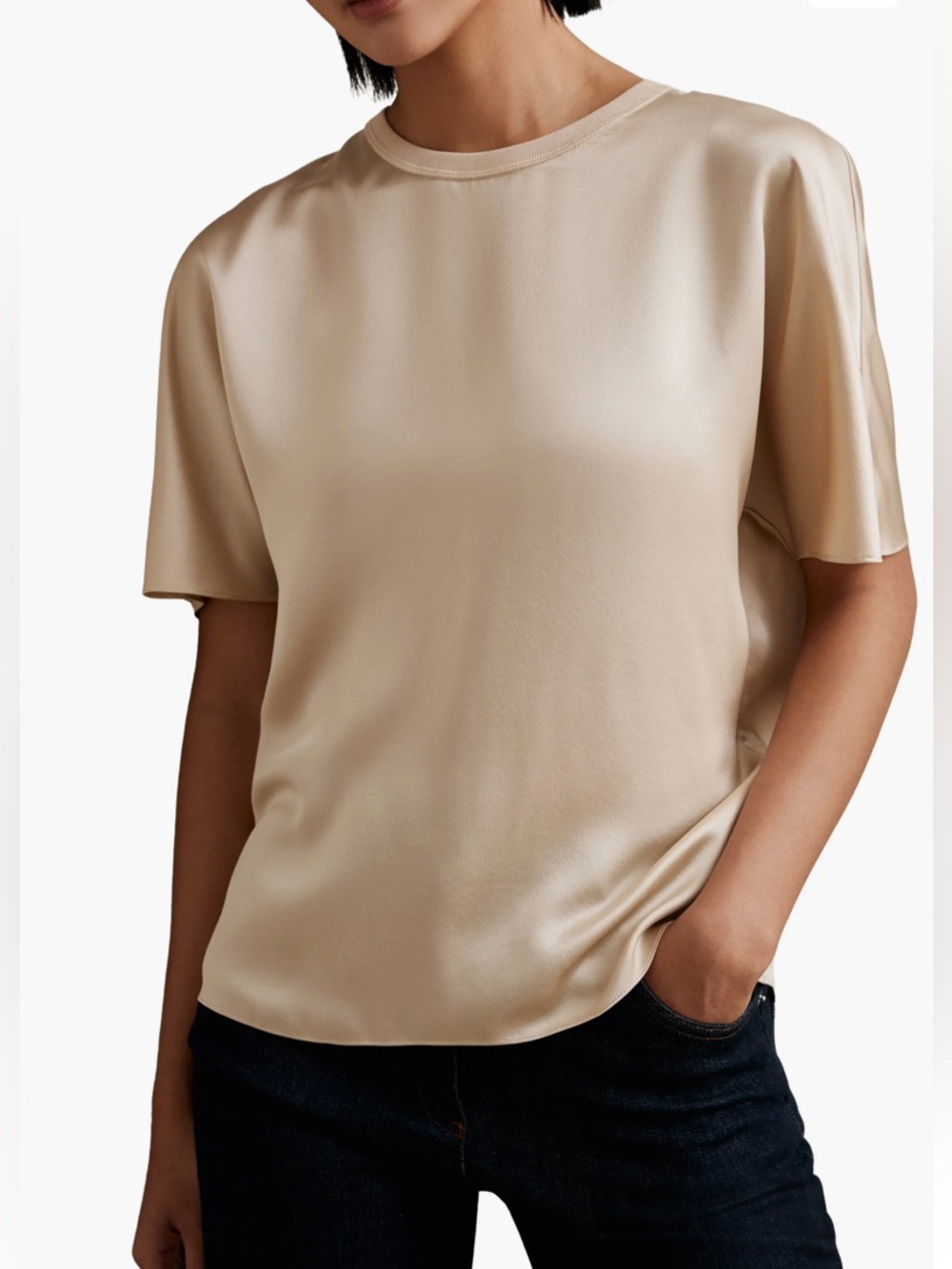 NEW $285 REISS Lena Short-Sleeve Silk Top in Champagne Neutral XS